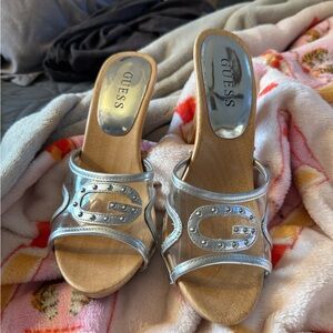 GUESS Metallic Silver wooden heels with stud Detail
